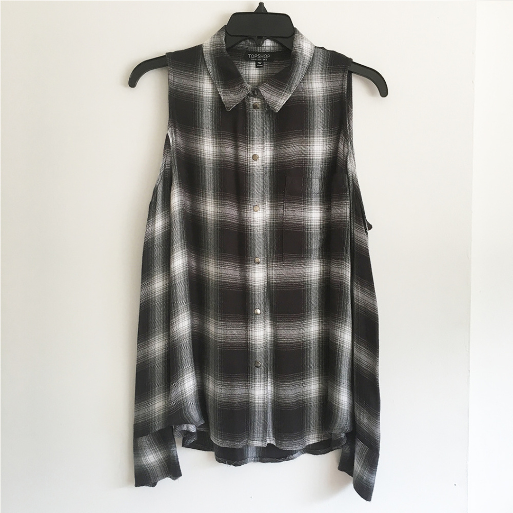 Topshop Check Cold Shoulder Shirt - Picture 4 of 8